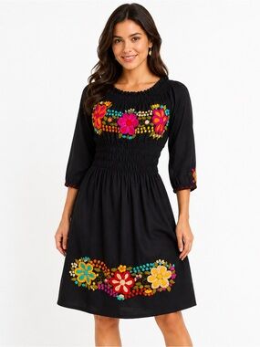 Handmade  Embroidered Black Linen Cotton Dress Small Boho Floral